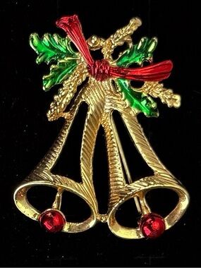 Festive holiday Christmas Goldtone Red Green and Red Bell Brooch
